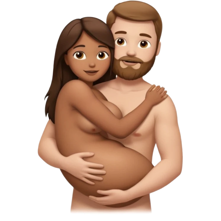 chubby white guy with brown hair and beard, holding a brown girl with long dark hair in arms, naked, showing tits and pussy emoji