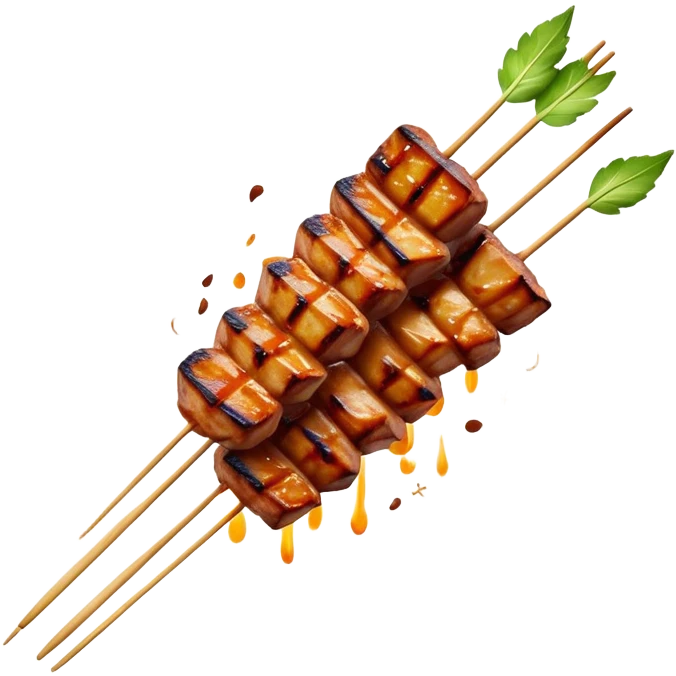 Cinematic Realistic Satay Dish Emoji, depicted as skewered, marinated meat grilled to perfection rendered with rich, smoky textures and dynamic, appetizing lighting. emoji