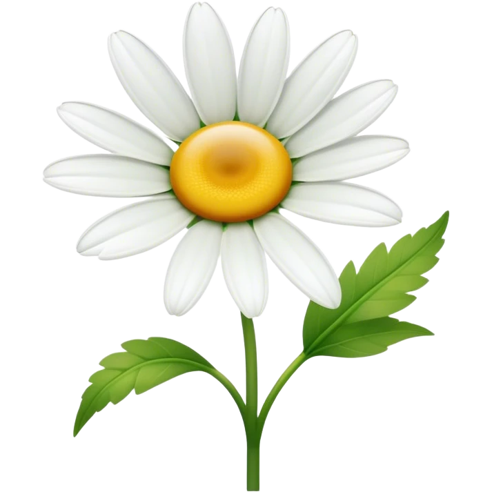 Cinematic Realistic Daisy Emoji, Cheerful and pure, with bright white petals surrounding a sunny yellow center, standing proudly atop a slender green stem. The soft, vibrant petals seem to radiate positivity, while a few green leaves frame the delicate flower. Soft glowing outline, capturing the essence of simplicity, innocence, and happiness in a single daisy. emoji