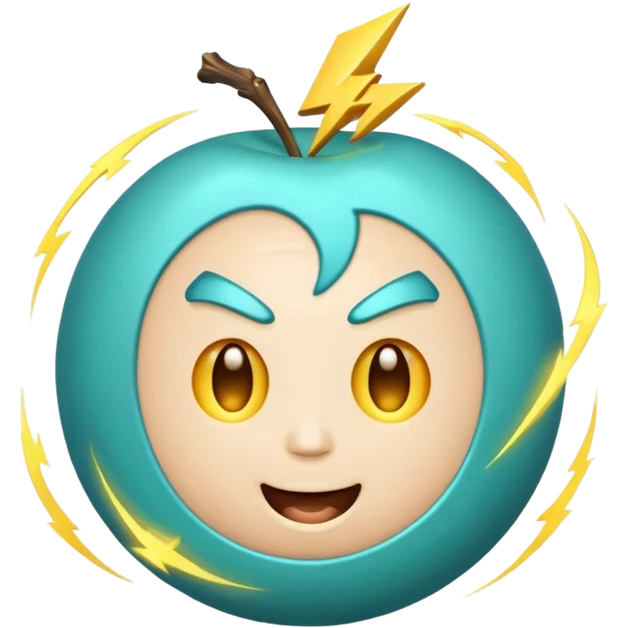 Uranus emoji in Apple-style, blue-green planet with rings, a big, excited, and playful face, and a single prominent yellow lightning bolt in front, radiating chaotic and electric energy. emoji