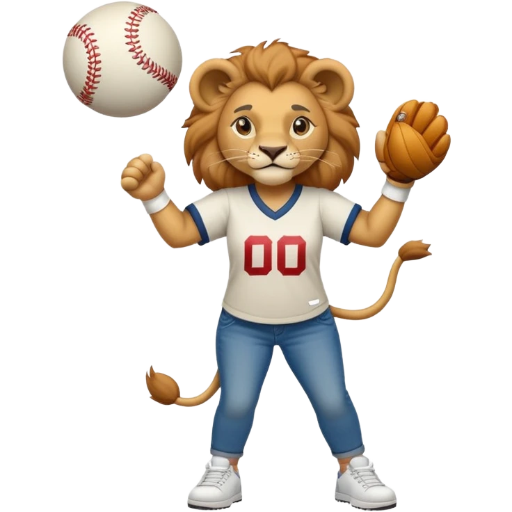 confident anthropomorphised female lion wearing a baseball shirt, jeans, and trainers, lifting an object emoji