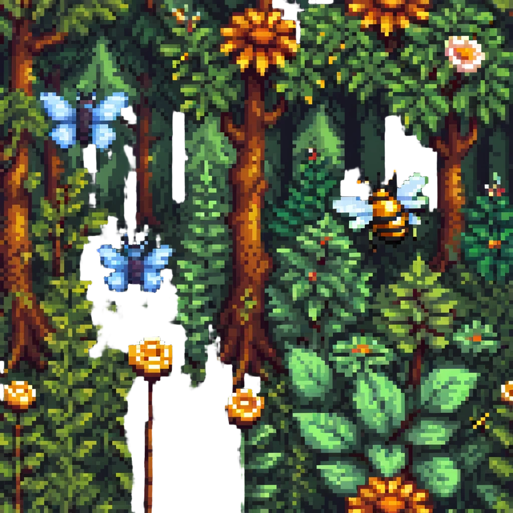 pixel art of a butterfly and bee among trees and plants, forest background emoji