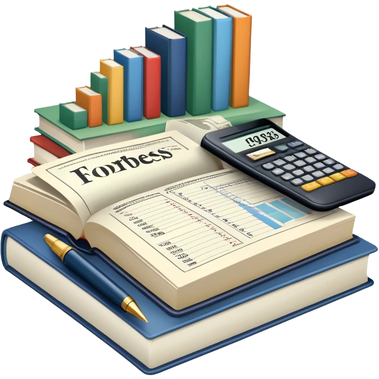 Icon for Business Reading: an open book with graphs, numbers, percentages, formulas, and text on the pages, next to a stack of books, a pile of dollars, a calculator, a pen, and business magazines like Forbes. Transparent background. emoji