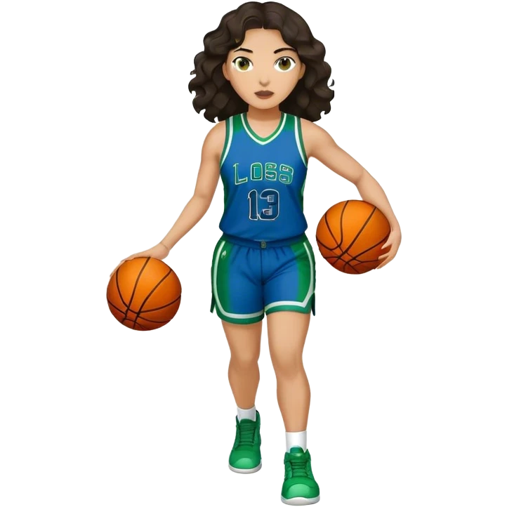 full figure light latino women basketball player with wavy dark hair wearing blue and green uniform emoji