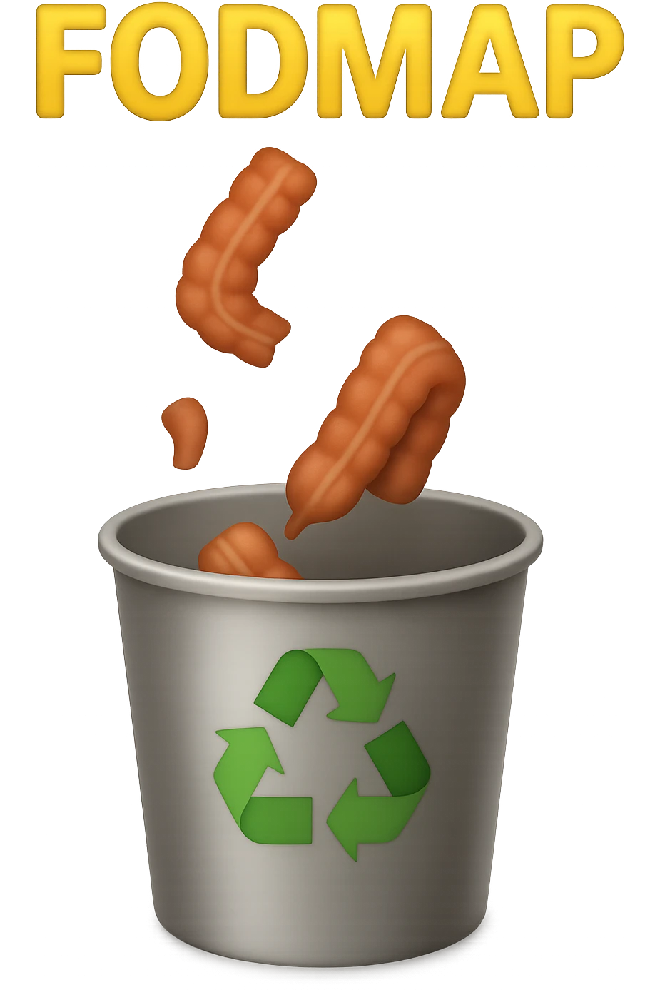 scritte "FODMAP" e pezzi di colon cadono in un secchio della spazzura con simbolo "recycle" sopra, stile emoji iphone, iperrealistico 4k emoji