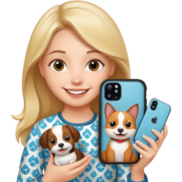 girl holding an iphone case with a pattern with pets faces  emoji