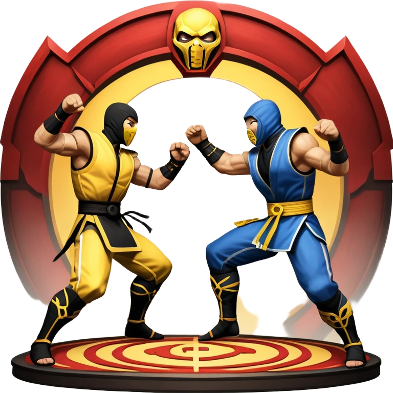 An icon showing two fighters in combat poses, inspired by Mortal Kombat. One character delivers a powerful kick, while the other blocks. The background features an iconic arena from the game with life bars at the top, symbolizing intense battles. Transparent background. emoji