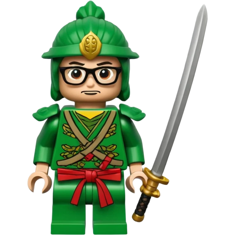 lego Samurai with glasses, Warrior in green samurai armor, with katana emoji