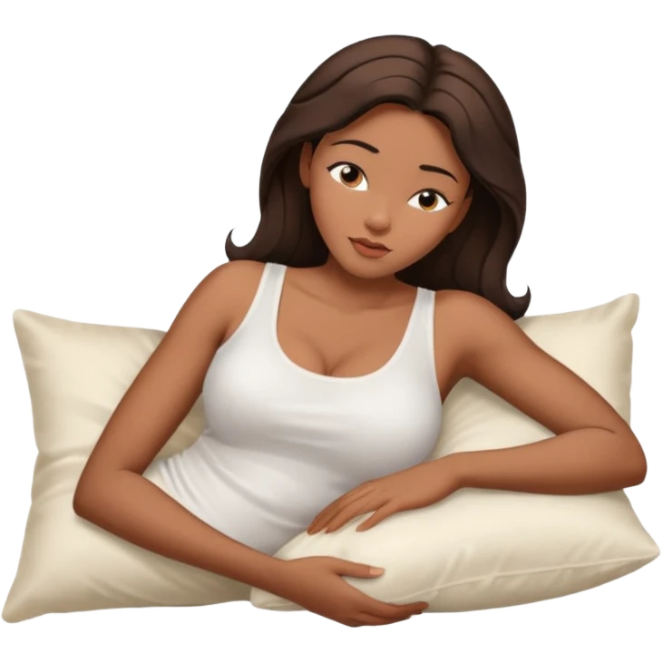 sleeping beauty african american woman with dark brown hair with a silk pillow, she is wearing a white tank top with big boobs emoji