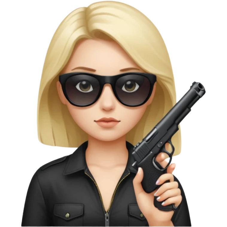 a girl with black sunglasses non see thru with a gun pointed at the camera emoji