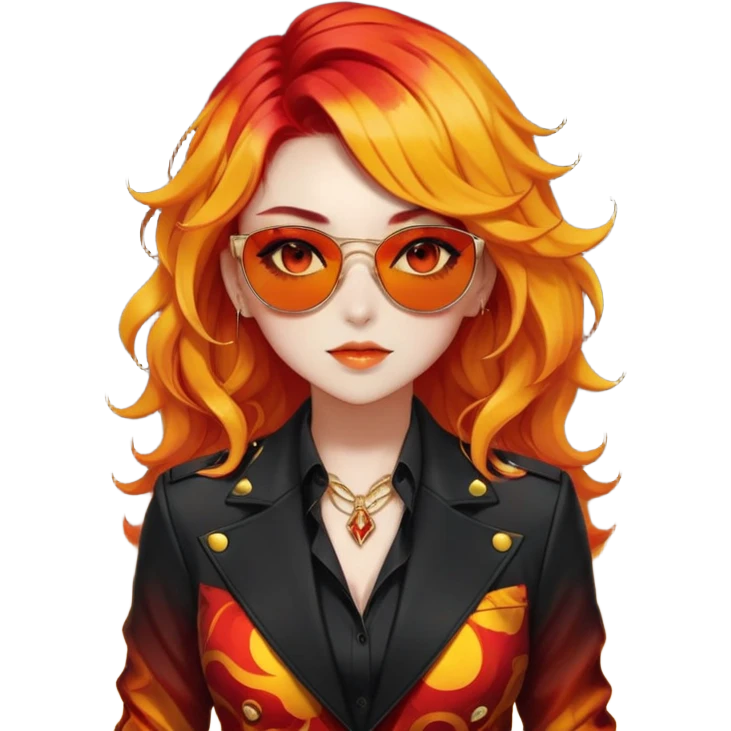 Beautiful gorgeous anime lady with beautiful fiery fiery-warm-red-orange-yellow-gradient-wavy-special-hair, fashion aesthetic, black sunglasses, accessories, gold jewelries, red-and-yellow sunny-pattern-eyes, black suit, biker-woman, cool, badass emoji
