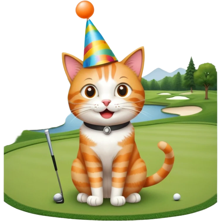 cat celebrating on golf course, birthday hat emoji