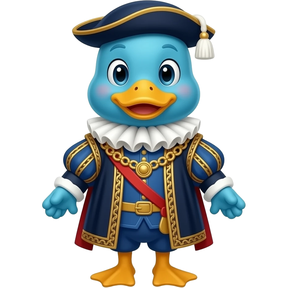 Blue cartoon duck wearing an english noble's outfit with blue duck fur emoji