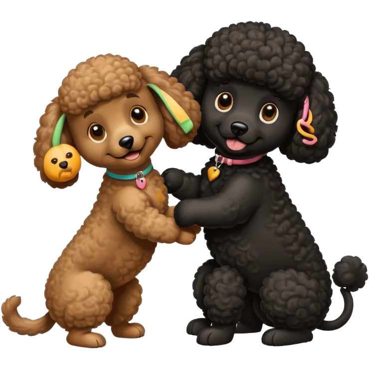 Big black poodle playing with a little brown poodle  emoji