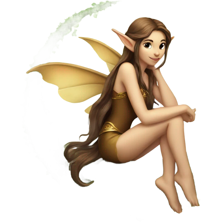 Female fairy, wings, pointed elf ears, long brown hair, sitting on crescent moon, vines emoji