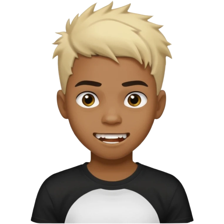 Black Male Teenager with Short punk messy blonde hair, Dark brown bushy eyebrows large expressive golden-brown eyes, wearing a plain white t-shirt, Dark Brown skin color. Fun teeth emoji