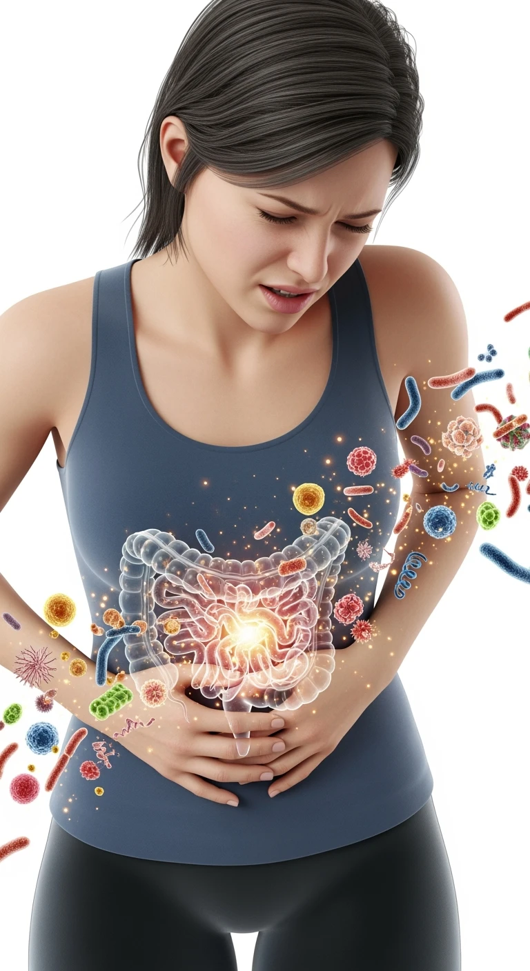 DONNA CON MAL DI PANCIA E INTESTINO UMANO ANATOMICO VISIBILE, BATTERI INTESTINALI FLUTTUANO INTORNO, IPERREALISTICO 4K, SFONDO BIANCO emoji