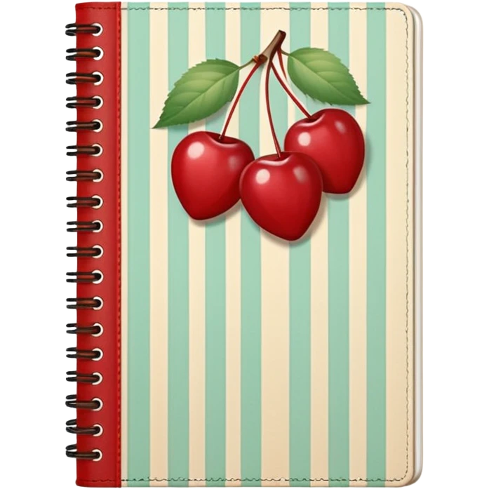 Cute vintage notebook cover, mint and cream vertical stripes, red spine
Hand-drawn cherries with leopard bow, playful feminine aesthetic
Flat illustration, clean composition, soft retro color palette emoji