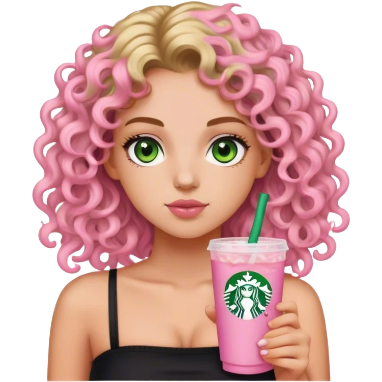 a slightly tan but white girl with curly wavy hair and green eyes wearing a black tube top holding a starbucks pink lemonade facing forward aesthetic  emoji