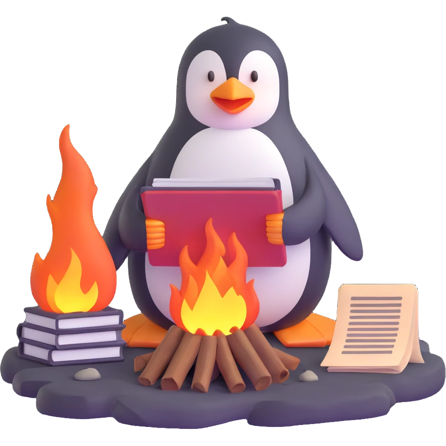 penguin on a rocky polar shore, burning secret documents in a campfire, glancing around nervously; far in the background, two people with wolf sled, rifles, skis emoji