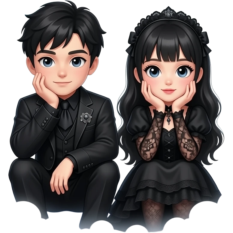 Cute gothic guy and woman sitting next to eachother both with their arms on their knees and their chins resting in their hands. With a dreamy glowy bubble in the middle of them filled with magickal clouds emoji