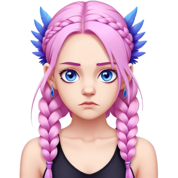 Long-pale-pastel-pink-hair with one braid on each side, grumpy expression, purple-pink feather-ear-cuffs in hair, black bodysuit, blue eyes, pink iris emoji