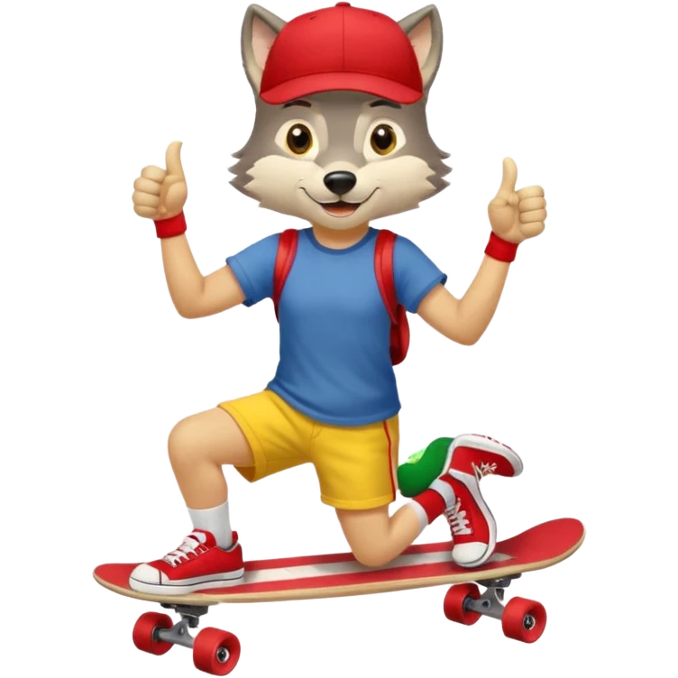 A gray wolf with large, expressive eyes and a friendly smile. The gray wolf is wearing a bright yellow T-shirt, red shorts, white knee socks, and sneakers. The baseball cap is worn backwards. The wolf holds a skateboard in one hand and gives a thumbs-up with the other, a confident and cheerful pose. emoji