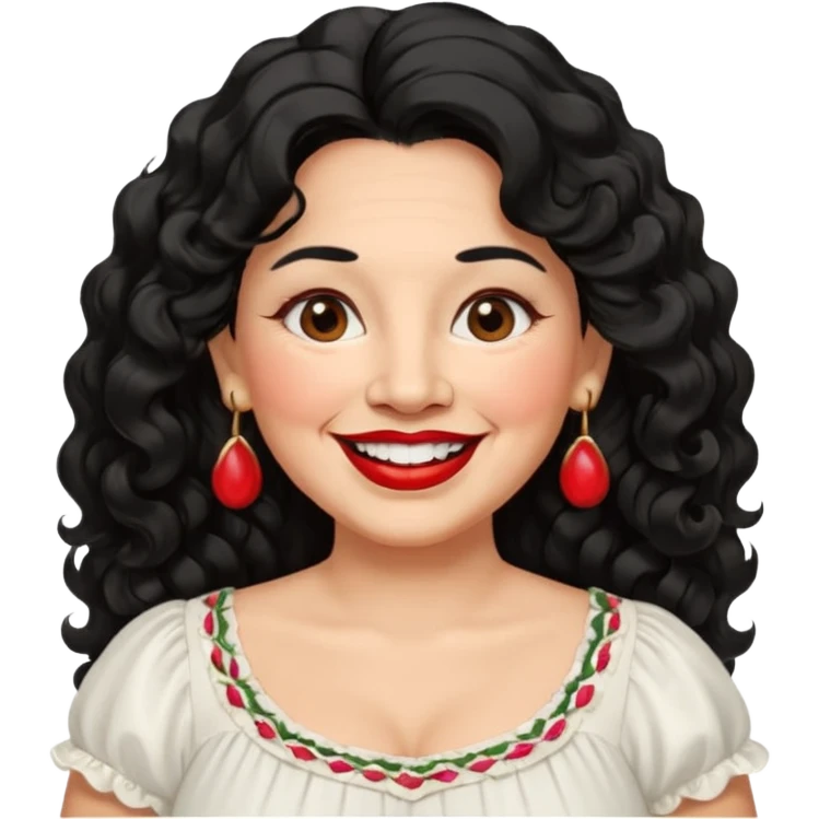 60 yr old Mexican woman, slightly chubby, wavy/curly long black hair, red lipstick, big smile, white teeth, brown eyes, hoop earings, side part to hair, round face, pretty white dress, hair side swept, big hoop earing emoji