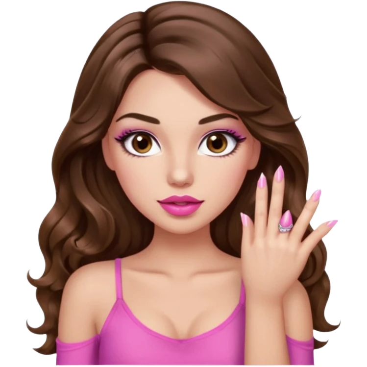 girl with long wavy brown hair, brown eyes, light to medium complexion, in a pink sexy top, pink puckered lips, long lashes, showing a manicure emoji