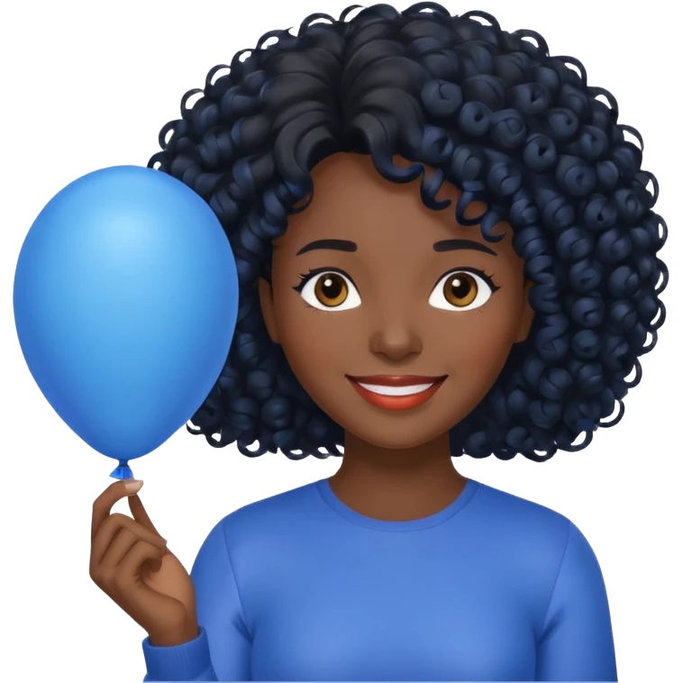 woman with curly black hair and dark face, holding blue balloon emoji
