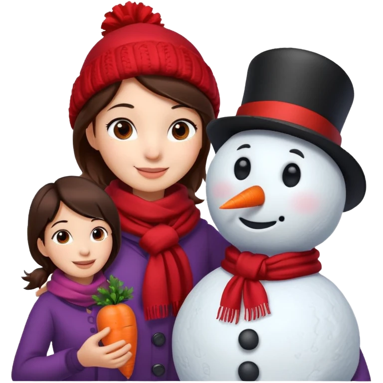 Cartoon girl with brown hair and scarf, building a snowman. Cartoon boy with black hair, placing a carrot nose on the snowman, smiling emoji