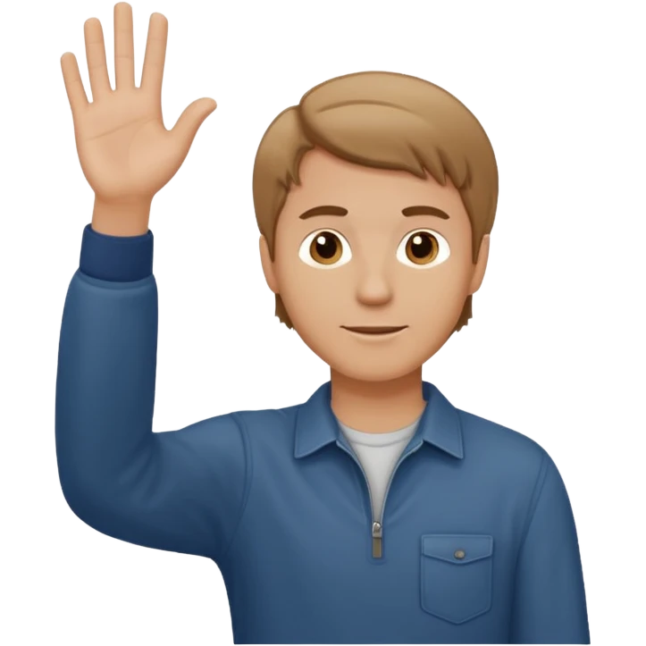 A white man in casual clothes, standing, waving his hand, with light brown hair emoji