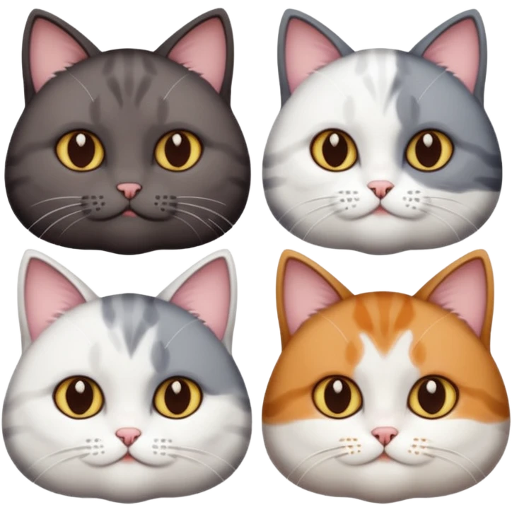 4 different coloured short haired cats including; a dark brown and white cat, and a dark grey and white  emoji