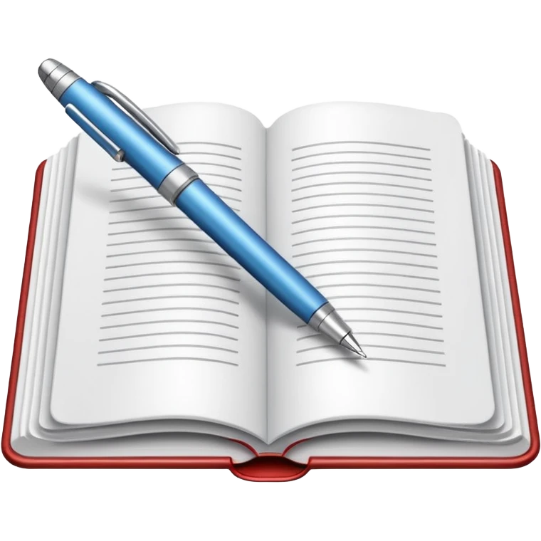 "A white open book,The pen should be positioned as placed exactly in the center between the pages.  if held by a right-handed person - meaning the direction is reversed compared to a left-handed grip. The pen should be uncapped, and the cap placed behind it." emoji