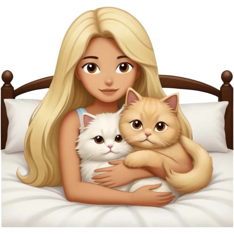 pretty girl with dark long hair hugging her blonde fluffy persian cat in bed emoji