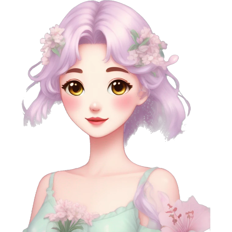 Gorgeous pastel anime style lady with blushing face and lilies cottagecore fairycore pastelcore colorful pearly romantic simplistic aesthetic trending style emoji