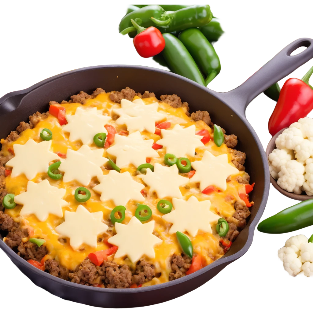 cheesy ground beef and cauliflower casserole with jalapeno and red capsicum in a skillet pan, melted cheese and vegetables emoji