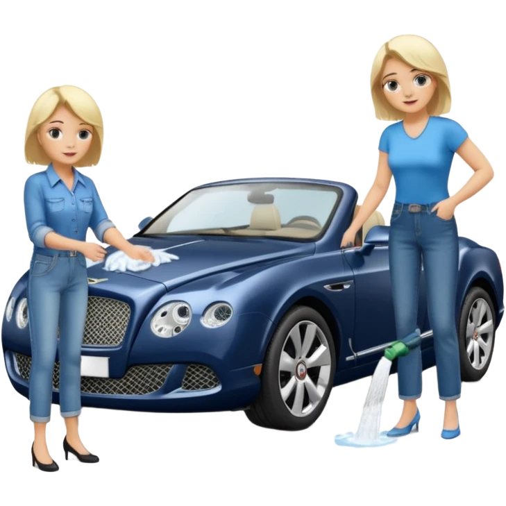 A fatter old blond lady in blue jeans washing a black Bentley car. show the full car and the lady next to it. show the face smaller and the person standing beside it emoji