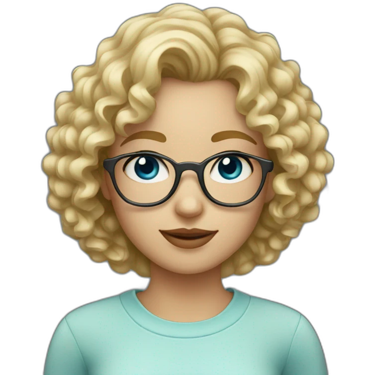 Short curly blond hair girl with blue-gray eyes and square glasses emoji