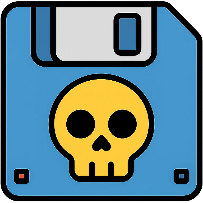 floppy disc with a skull motif, color outline icon emoji
