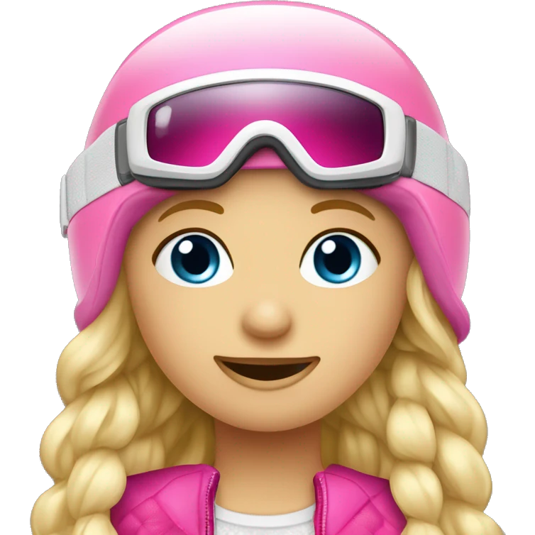 Blondes Mädchen mit geflochtenen Haaren und weißem Skihelm mit pinken Skibrille.  emoji