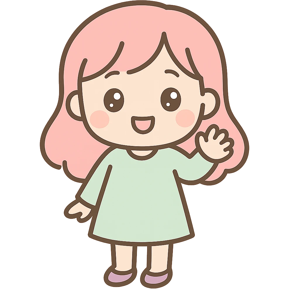 Make the character wave her hand and smile, keeping the kawaii chibi anime style with flat pastel colors, thick outlines, and simple cute features. Ensure the background is transparent. emoji