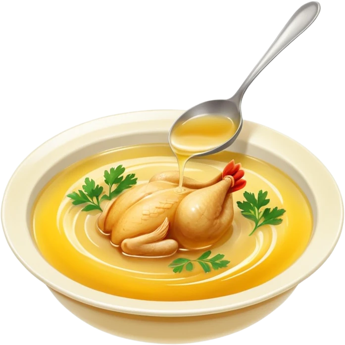 small glossy puddle or swirl of golden-yellow chicken broth, translucent and slightly oily surface with soft ripples suggesting warmth, rich inviting color with subtle tones of simmered poultry and vegetables, no bowl, spoon, herbs, or extras, soft lighting, subtle shadows, emoji scale emoji