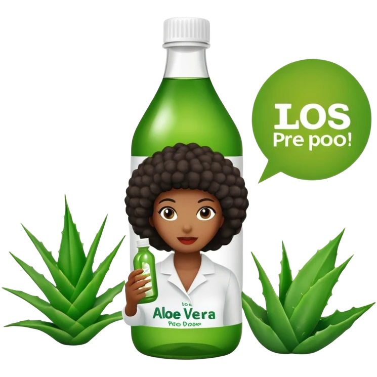 Bottle of Aloe Vera Pre-Poo. The label on the bottle should have a picture of a black woman with afro holding aloe. vera leaf. emoji