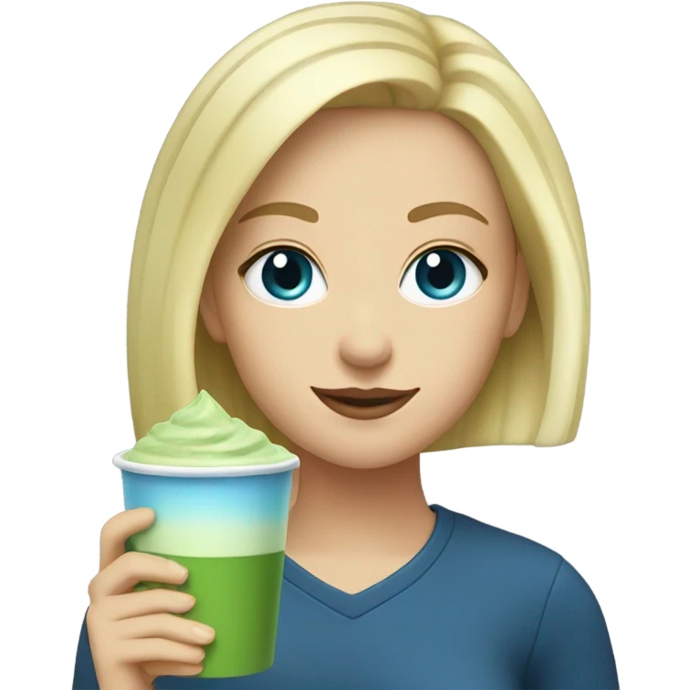 Blonde girl with blue eyes with a hot matcha emoji
