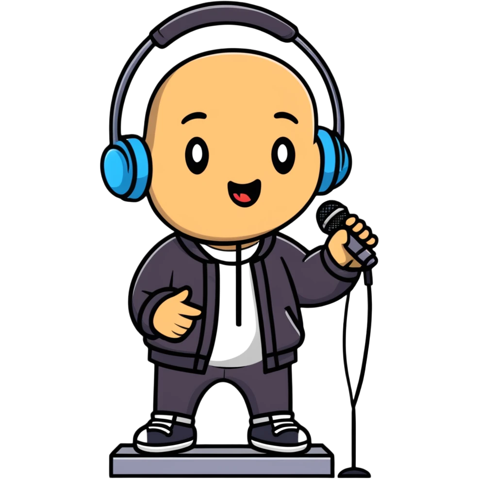 rapper singing with a microphone on a stand and wearing headphones emoji