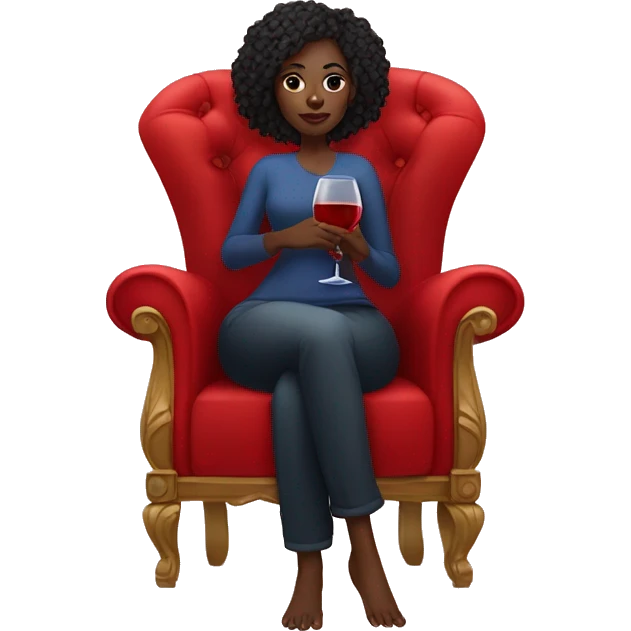 black girl sitting cross-legged on big red throne chair with one glass of wine in her hand emoji