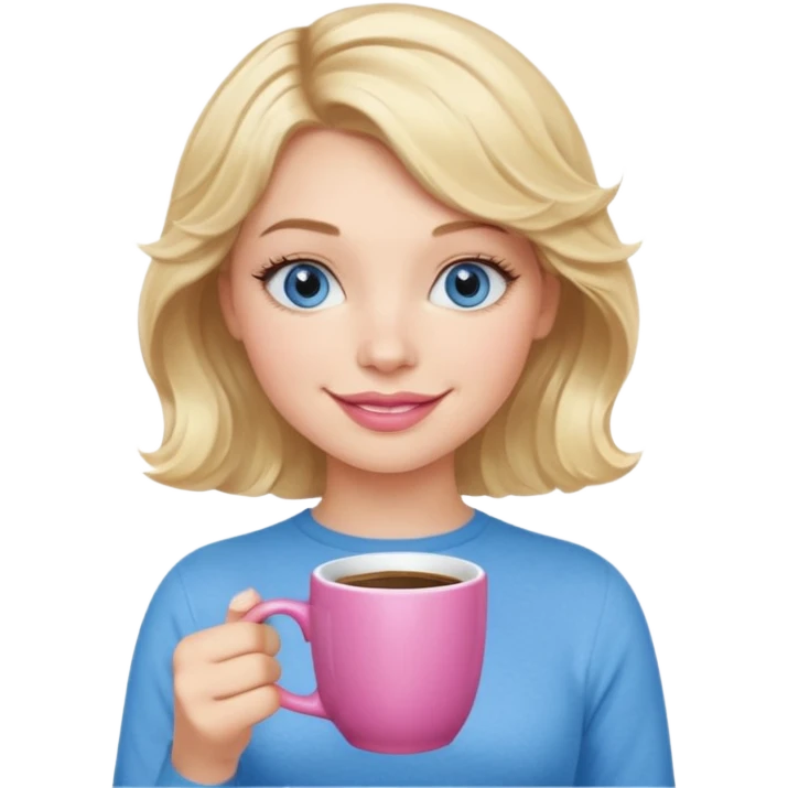 Girl Blonde short wavy hair,  blue eyes, cute blue top, long lashes, pink lips, holding white hot coffee mug emoji
