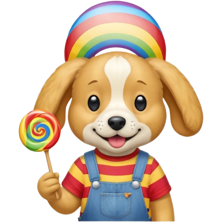 Generate a emoji of a dog with a comically large rainbow swirly lollipop with a goofy silly propeller hat, make the dog wear a striped bright yellow, red, and blue shirt with jean overalls emoji
