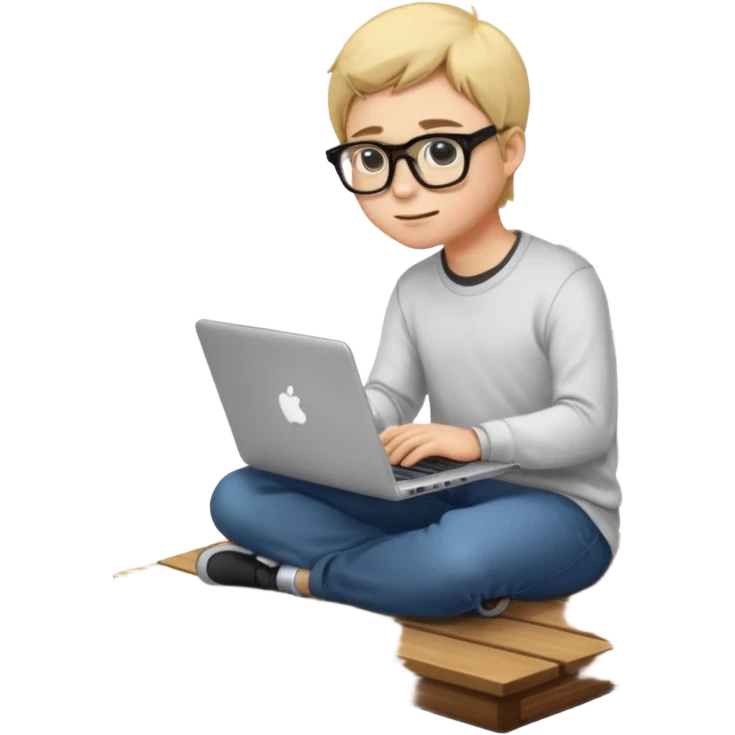coder with glasses typing on a laptop sitting at the edge of a wooden dock, emoji style emoji